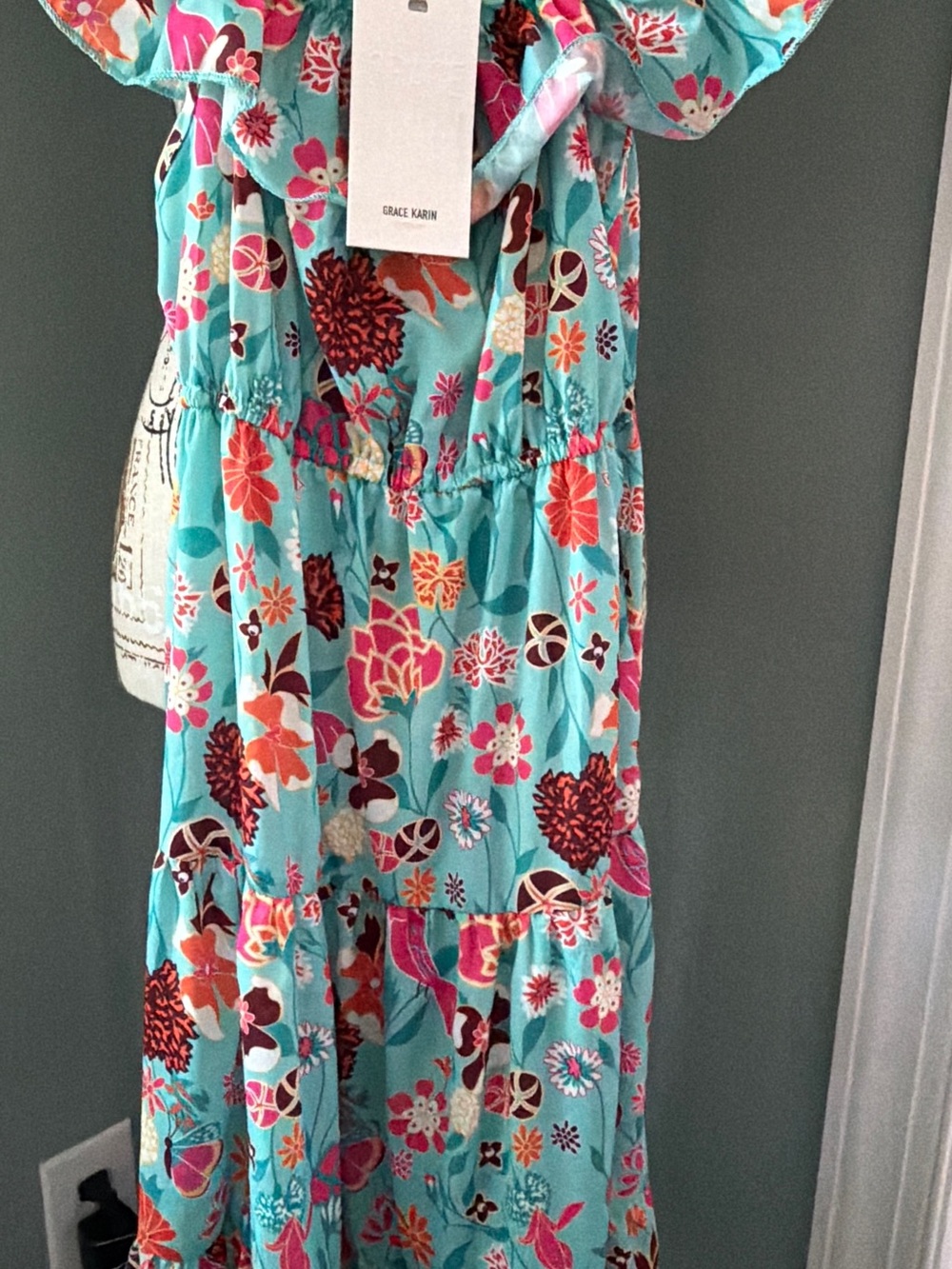 Grace Karin Aqua Floral Tiered Maxi Dress with Pink & Coral Blooms